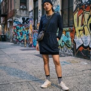 Converse One Star Blue Sweatshirt Dress L Cinch Waist